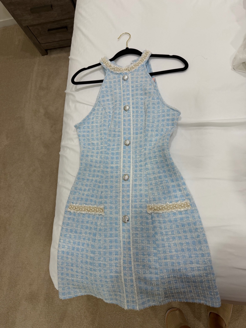 SHEIN Light Blue Tweed Pearl-Trim Halter Vest Jacket